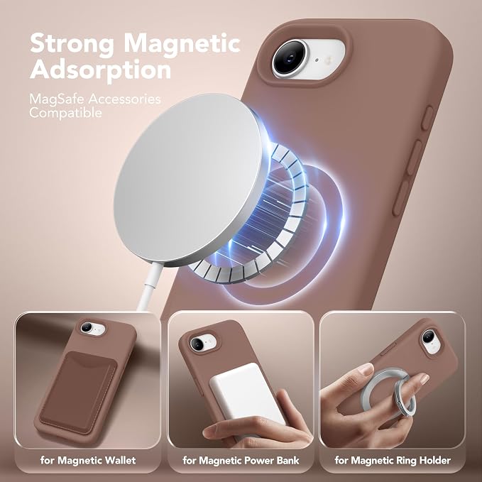 Magnetic for iPhone 17e/iPhone 16e Case, Compatible with MagSafe, [Soft Anti-Scratch Microfiber Lining] Slim Silicone Shockproof Protective Phone Case for iPhone 17e/16e 6.1", Brown