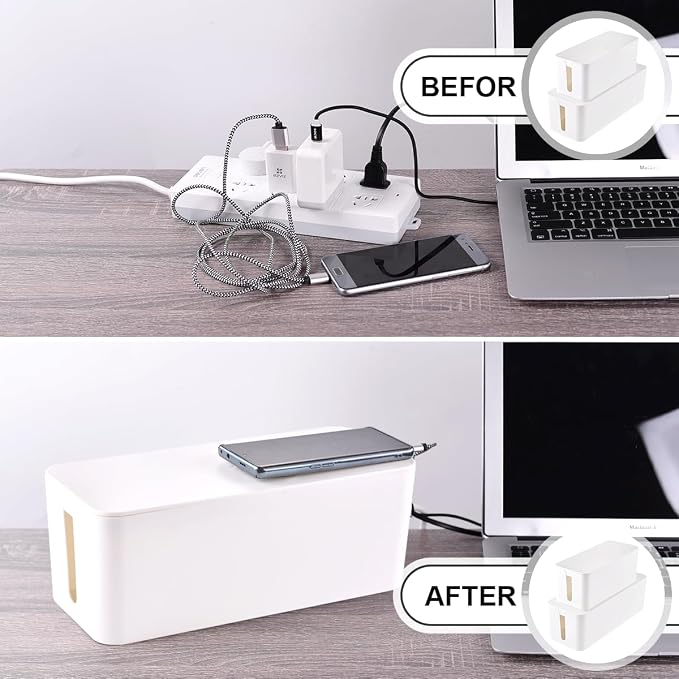 Cable Management Box, 2 Pack Large & Medium Cable Organizer Box with 17 PCS Cable Management Set, Cord Organizer Box to Hide Surge Protector on Desk or Floor (White)