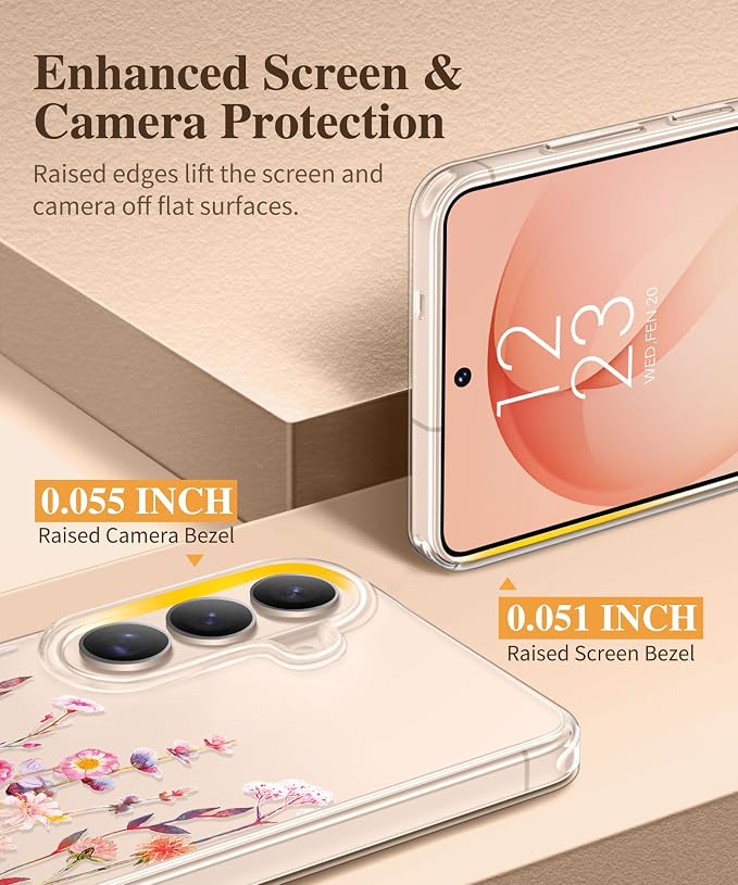 GVIEWIN for Samsung Galaxy S26 Case, Clear Floral Slim Shockproof Protective Women Phone Case, Non-Yellowing, with Screen Protector & Camera Lens Protector for Galaxy S26 6.3", Floratopia/Orange