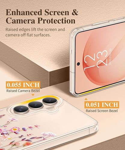 GVIEWIN for Samsung Galaxy S26 Case, Clear Floral Slim Shockproof Protective Women Phone Case, Non-Yellowing, with Screen Protector & Camera Lens Protector for Galaxy S26 6.3", Floratopia/Orange