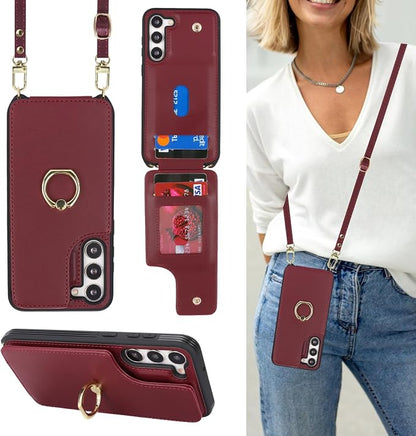 Lipvina for Samsung Galaxy S22 Case with Card Holder and Strap for Women,Crossbody Lanyard,RFID Blocking,Stand Ring Kickstand,Snap Clasp,Phone Wallet Cases 6.1 inch(Wine Red)