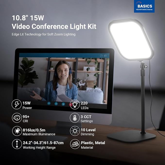 NEEWER Basics 10.8" Video Conference Lighting with Desk Stand & Phone Holder, 15W Bi Color Edge Lit Full Screen Light CRI95+ for Computer Laptop Webcam Zoom Calls Streaming