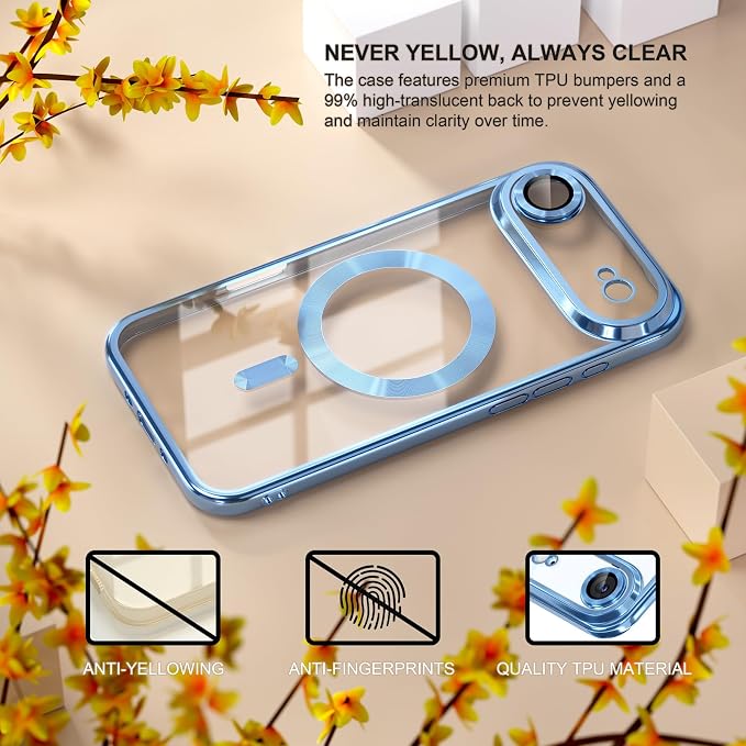 Misea Magnetic for iPhone 17 Air Case Compatible with MagSafe [Never Yellowing] [Military Grade Drop Protection] Full Camera Lens Protector Plating Soft Clear Phone Case for Women, Sky Blue
