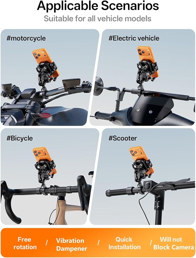Kewig Motorcycle Phone Mount with Vibration Dampener [Anti-Theft] [Camera Friendly] Bike Phone Holder Handlebar Cradle for Bicycle Scooter ATV, Adjustable Size Fit for 5.4-7.2" Cellphone