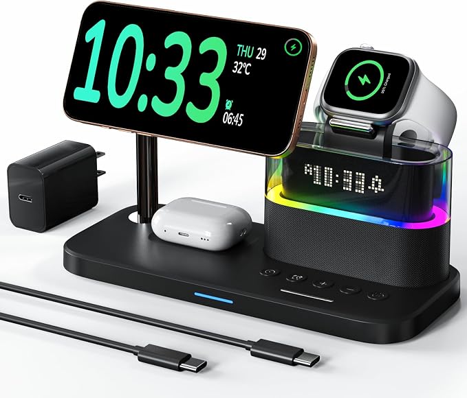 Compatible with Qi2 Certified Wireless Charging Station with Alarm Clock and Night Light,15W Fast 5 in 1 Mag-Safe Charger Stand for iPhone 16 15 14 13 12 Pro Max,Apple Watch,Air-Pods(Black)