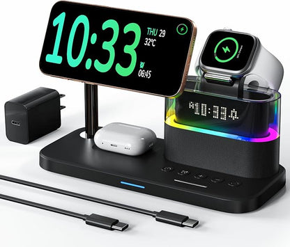 Compatible with Qi2 Certified Wireless Charging Station with Alarm Clock and Night Light,15W Fast 5 in 1 Mag-Safe Charger Stand for iPhone 16 15 14 13 12 Pro Max,Apple Watch,Air-Pods(Black)