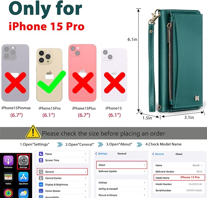 Wallet Case for iPhone 15 Pro with Card Holder/Crossbody Wallet/Strap| RFID Blocking | Magnetic | Kickstand | Detachable | PU Leather Phone Case for iPhone 15 Pro,6.1 in,Green