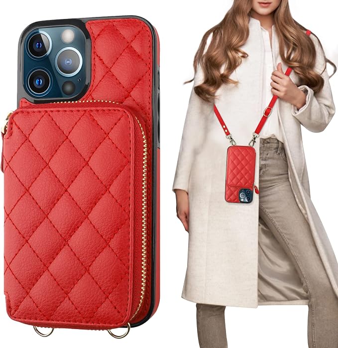 Bocasal Crossbody Wallet Case for iPhone 13 Pro Max, RFID Blocking PU Leather Zipper Handbag Purse Flip Cover, Kickstand Folio Case with Card Slots Holder Wrist Strap Lanyard 5G 6.7 Inch (Red)