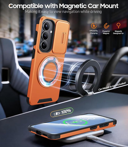 JAME for Samsung Galaxy S26 Case, Ring Holder Stand Kickstand, Slide Camera Cover with Screen Protector, Dual-Layer Shockproof Protective, Magnetic Accessory Friendly Galaxy S26 Phone Case, Orange