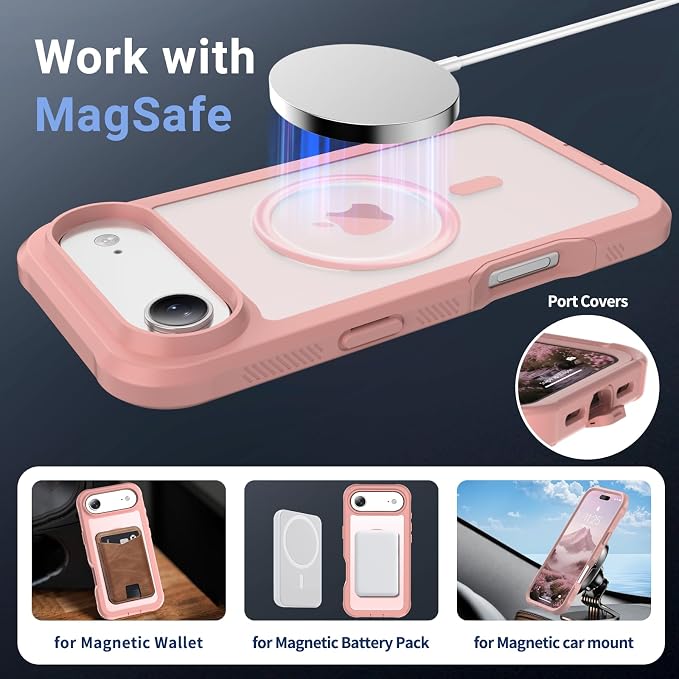 jaroco Magnetic for iPhone Air Case, [Compatible with MagSafe][Military Grade Drop Protection][Heavy Duty Protection][Non-Slip][Shockproof] 2-Layer Durable Bumper Phone Case 6.5''-Pink