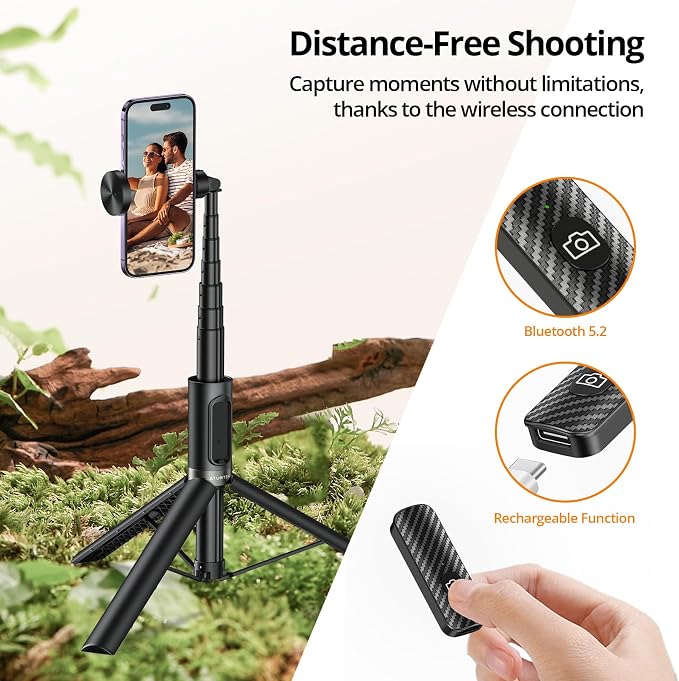 ATUMTEK Selfie Stick Tripod, All-in-one Extendable Aluminum Phone Tripod with Rechargeable Bluetooth Remote, 360 Rotatable for iPhone 17 16 Pro Max/15/14/13 Samsung Smartphones, Black