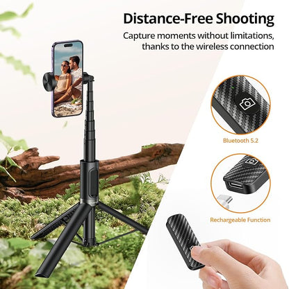 ATUMTEK Selfie Stick Tripod, All-in-one Extendable Aluminum Phone Tripod with Rechargeable Bluetooth Remote, 360 Rotatable for iPhone 17 16 Pro Max/15/14/13 Samsung Smartphones, Black