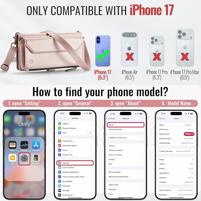 Strapurs Wallet Case Compatible with iPhone 17 6.3" RFID Blocking 9-Card Holder Soft PU Leather Magnetic Snap Shoulder Strap Zipper Pocket Phone Case Fit for iPhone 17 for Women - Rose Gold