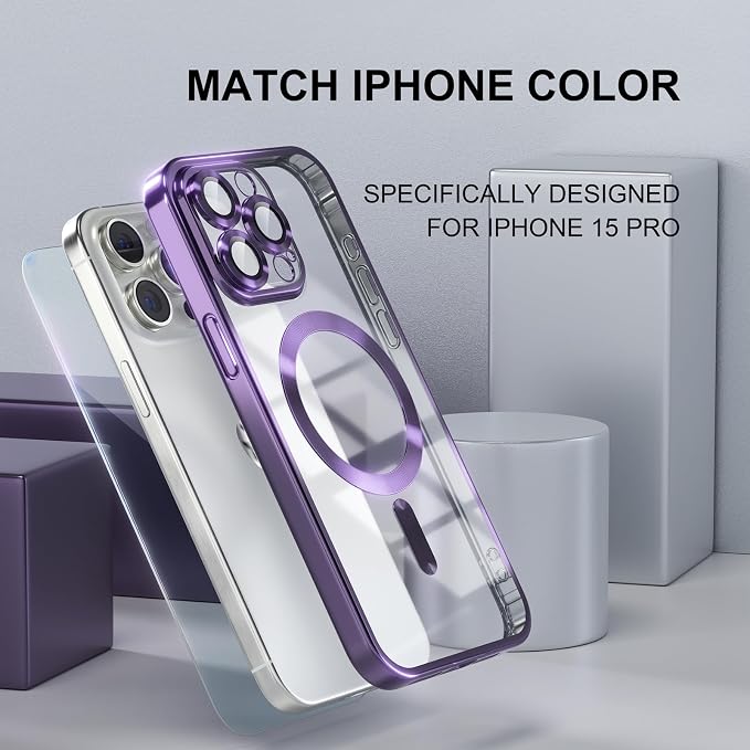 Misea Magnetic for iPhone 15 Pro Case Compatible with MagSafe [Never Yellowing] [Military Grade Drop Protection] Full Camera Lens Protector Plating Soft Clear Phone Case for Women Girls, Purple