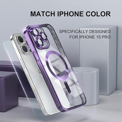 Misea Magnetic for iPhone 15 Pro Case Compatible with MagSafe [Never Yellowing] [Military Grade Drop Protection] Full Camera Lens Protector Plating Soft Clear Phone Case for Women Girls, Purple