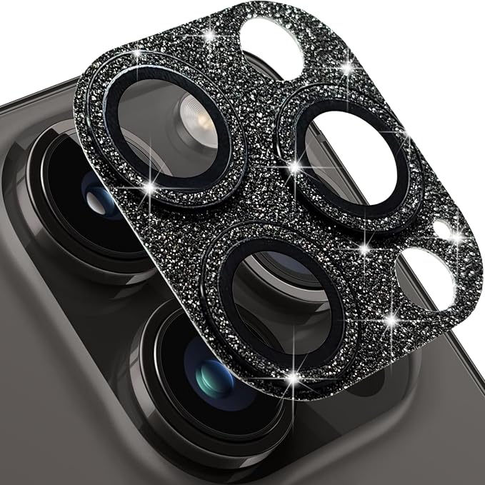 Compatible with iPhone 13 Pro and iPhone 13 Pro Max Camera Lens Protector, Bling Glitter 9H Tempered Glass Camera Cover Anti Scratch Shockproof Lens Protective Cover-Black