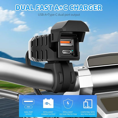 Motorcycle USB Charger, Dual USB Type C 30W PD & QC 3.0 Motorcycle Phone Charger with Voltmeter & ON/Off Switch, Waterproof ATV/Motorcycle/Dirt Bike Charger for Phone, Tablet, GPS...