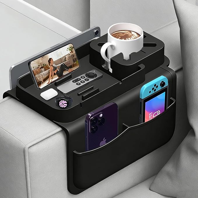 Silicone Couch Cup Holder for Tablet & Phone Stand, Sofa Arm Tray Organizer with Dual Side Pockets for Remotes Snacks Headphones & Glasses Drinks Anti-Slip & Heat Resistant Sofa Caddy (Black)