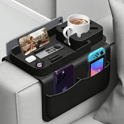 Silicone Couch Cup Holder for Tablet & Phone Stand, Sofa Arm Tray Organizer with Dual Side Pockets for Remotes Snacks Headphones & Glasses Drinks Anti-Slip & Heat Resistant Sofa Caddy (Black)