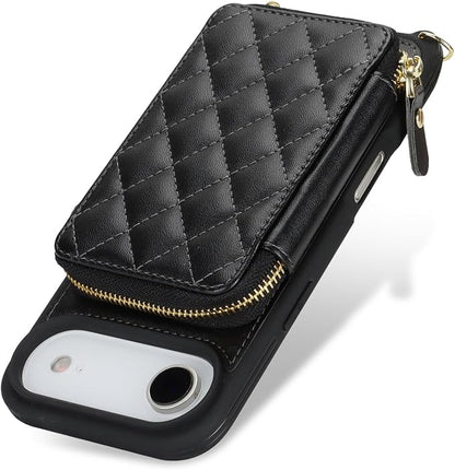 Crossbody Wallet Case for iPhone Air, PU Leather Zipper Handbag Purse Flip Cover, Kickstand Folio Case with Card Slots Holder Wrist Strap Lanyard 5G 6.5 Inch-Black