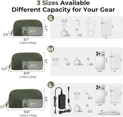 FYY Travel Cable Organizer - 8 Compartments, Lightweight, Water Repellent | With Wrist Strap, Portable Tech Pouch for Cord Charger, Travel and Business Trips Use, Soft Shell Nylon, Green (Medium)