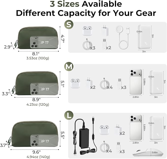 FYY Travel Cable Organizer - 8 Compartments, Lightweight, Water Repellent | With Wrist Strap, Portable Tech Pouch for Cord Charger, Travel and Business Trips Use, Soft Shell Nylon, Green (Small)