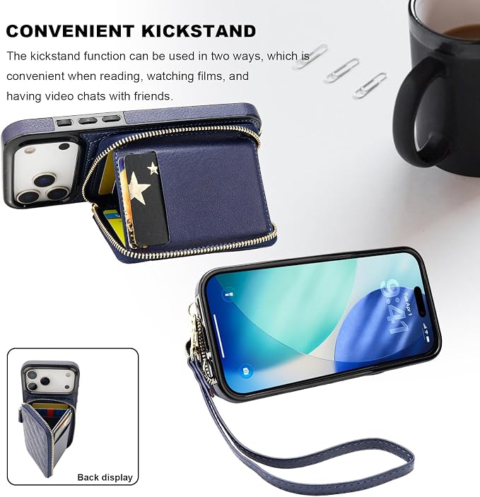Bocasal Crossbody Wallet Case for iPhone 17 Pro Max, RFID Blocking PU Leather Zipper Handbag Purse Flip Cover, Kickstand Folio Case with Card Slots Holder Wrist Strap Lanyard 5G 6.9 Inch (Dark Blue)