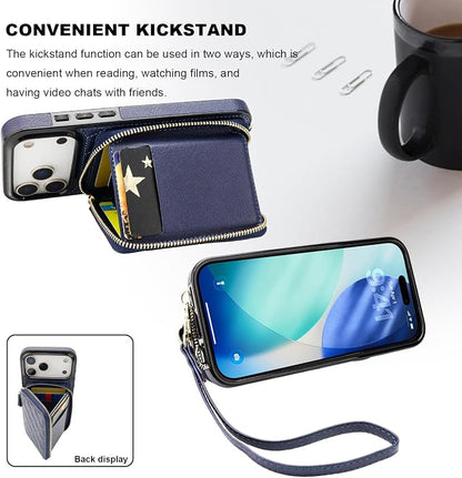 Bocasal Crossbody Wallet Case for iPhone 17 Pro Max, RFID Blocking PU Leather Zipper Handbag Purse Flip Cover, Kickstand Folio Case with Card Slots Holder Wrist Strap Lanyard 5G 6.9 Inch (Dark Blue)