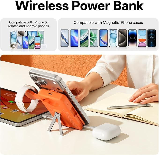 Q Magnetic Wireless Portable Charger 10,000mAh, Travel Essentials Power Bank with Built-in Cables & Foldable Stand, External Battery Pack Compatible with iPhone 17/16/15/14/13/12, Apple Watch