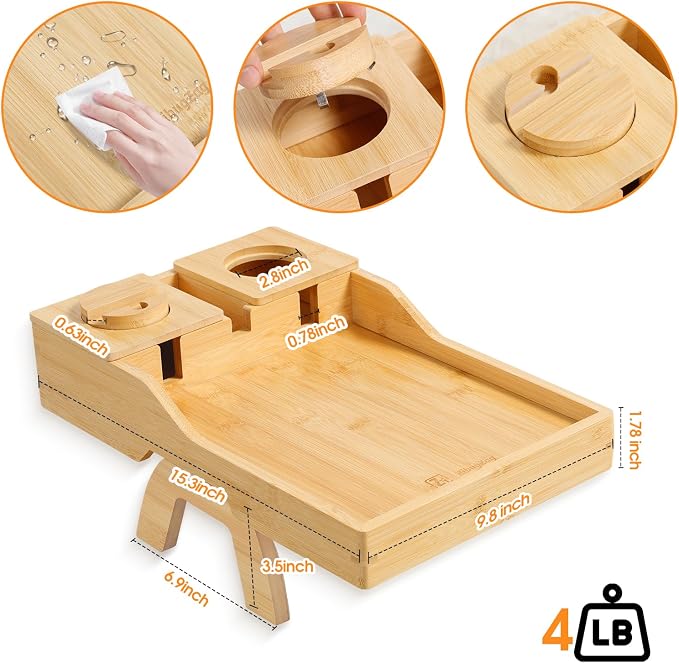 Couch Cup Holder Tray - Sofa Arm Tray with 360° Rotating Cell Phone Holder, Anti-Slip Couch Arm Rest Table, Natural Bamboo Clip-On Side Table for Eating, Snacks, Drinks, Remote, Cups