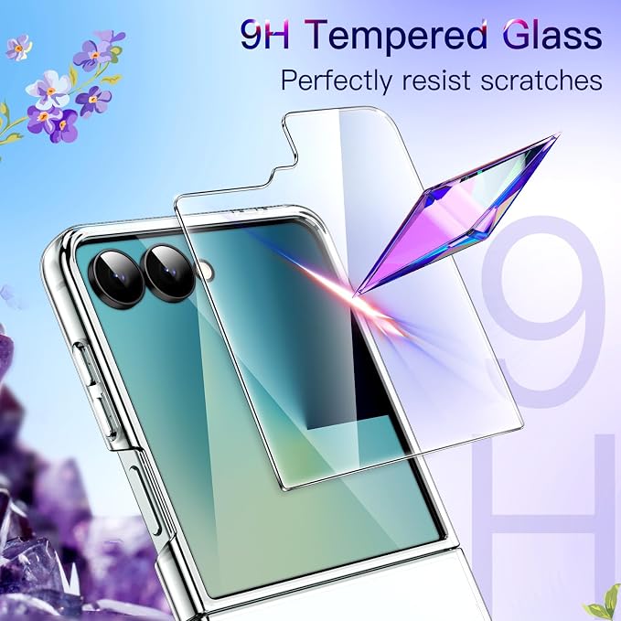 JETech 3 in 1 Case for Samsung Galaxy Z Flip 7, Clear | 2 Tempered Glass Front Screen Protectors, Scratch Resistant, Crystal Transparent Hard PC Shell, Protective Phone Cover