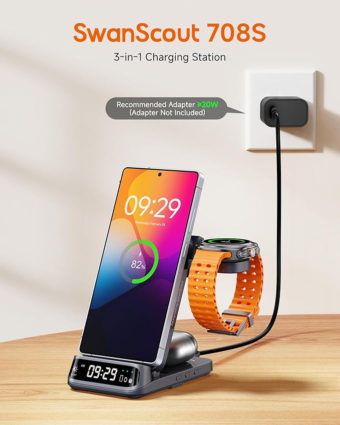 SwanScout 708S 3-in-1 Wireless Charging Station for Samsung S25 Ultra/S25/S24/S23/S22/Z Flip7, Foldable Wireless Charger for Galaxy Watch 8 Classic/8/Ultra/7/FE/6/5 (No Adapter)