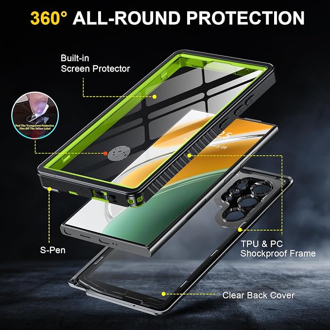 ANTSHARE for Samsung Galaxy S24 Ultra Case Waterproof, Built-in Lens & Screen Protector 360° Full Body Heavy Duty Protective Shockproof IP68 Underwater Case for Galaxy S24 Ultra(2024) 5G-Green