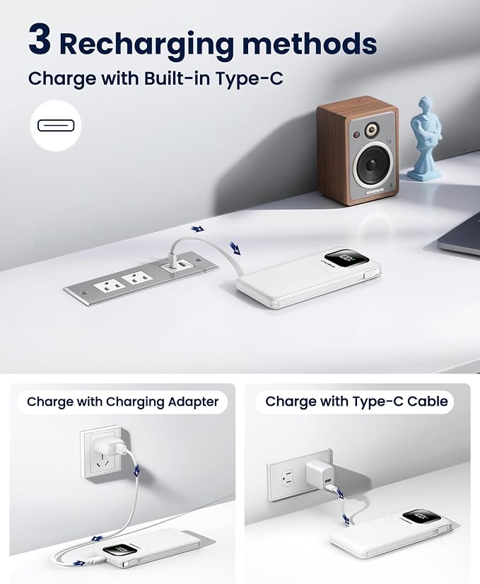 Portable Charger with Built-in Cables,22.5W Super Fast Charging Power Bank Slim Phone Charger,10000mAh Travel Battery Pack Battery Bank with Smart LED Display for iPhone, Android & USB-C
