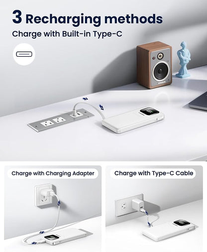 Portable Charger with Built-in Cables,22.5W Super Fast Charging Power Bank Slim Phone Charger,10000mAh Travel Battery Pack Battery Bank with Smart LED Display for iPhone, Android & USB-C