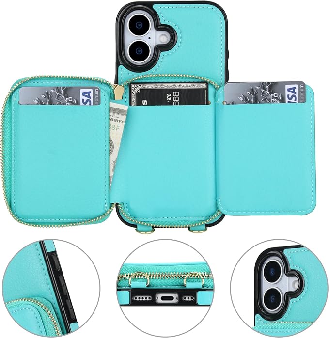 Bocasal RFID Blocking Wallet Case for iPhone 17, Adjustable Crossbody Zipper Purse Case Card Holder with Kickstand Detachable Wrist Strap, PU Leather Flip Folio Case 6.3 Inch 5G (Mint Green)