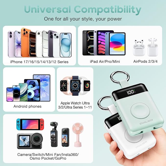 10000mAh Portable Charger,PD 22.5W Super Fast Charging Power Bank with Built-in Cables, Travel Keychain Battery Pack for iPhone 17/16/15/14/13/12,Apple Watch Ultra/11/10/9/8/7/6/SE (Green)