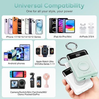 10000mAh Portable Charger,PD 22.5W Super Fast Charging Power Bank with Built-in Cables, Travel Keychain Battery Pack for iPhone 17/16/15/14/13/12,Apple Watch Ultra/11/10/9/8/7/6/SE (Green)