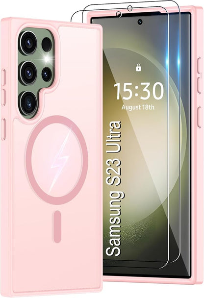 For Samsung Galaxy S23 Ultra Case [Compatible with Magsafe] Translucent Matte Magnetic S23 Ultra Phone Case,SlimThin Duty Shockproof Protection Cover with 2pc HD Screen Protector for S23 Ultra-Pink