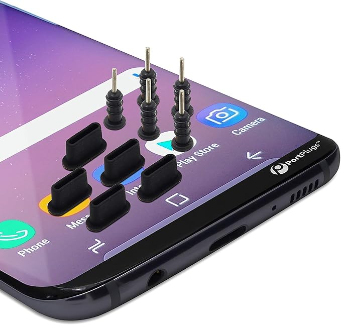 PortPlugs USB-C Dust Plugs for Galaxy S10/S9/S8, A72, A52, M51 & Other USB-C Devices with Headphone Jacks – Anti-Dust Covers with SIM Tool & Cleaning Brush | Black (5-Pairs)