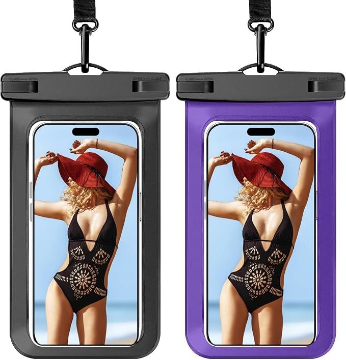 2 Pack Waterproof Phone Pouch, Universal Beach Bag Compatible for iPhone 17 16 15 14 13 12 Pro Max XS Plus, IPX8 Cellphone Cruise Travel Essentials, Black & Purple - 7"