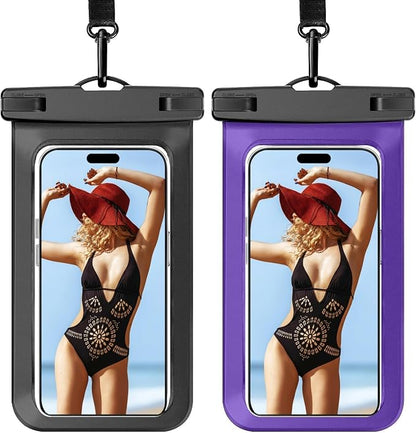 2 Pack Waterproof Phone Pouch, Universal Beach Bag Compatible for iPhone 17 16 15 14 13 12 Pro Max XS Plus, IPX8 Cellphone Cruise Travel Essentials, Black & Purple - 7"