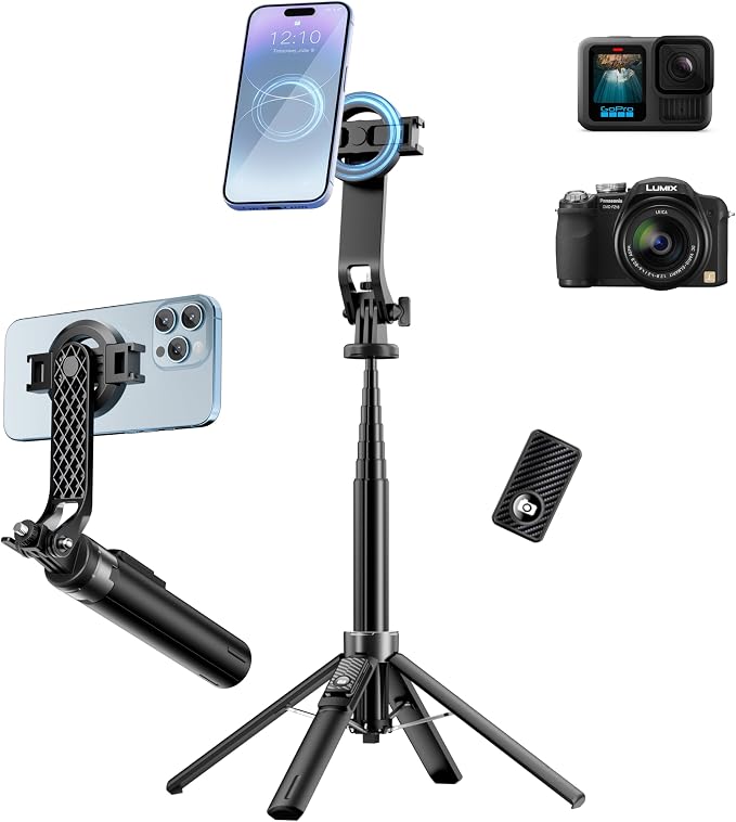 54" Magnetic Phone Tripod, Portable Selfie Stick Tripod for iPhone Magsafe with Rechargeable Remote & 2 in 1 Phone Holder, Cell Phone Stand for Video Recording, Compatible with iPhone and Android