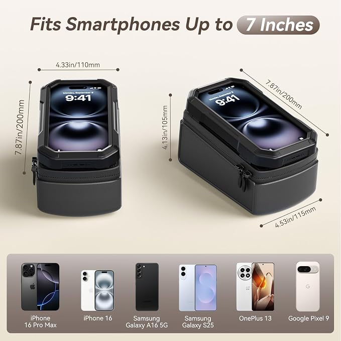 KDD Bike Front Frame Bag with Waterproof Phone Holder, Mountain Cycling Storage Pouch, Handlebar Bag with Phone Mount, Bicycle Accessories for Top Tube, Fit for iPhone 17 Pro Max, Cellphone Under 7''