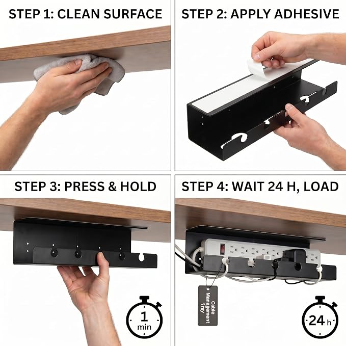 Under Desk Cable Management Tray No Drill, Cord Organizer for Desk, Wire Organizer, Cable Tray for Home Office Standing Desk, Wire Managment, Cord Hider, Set of 2 pcs (White)