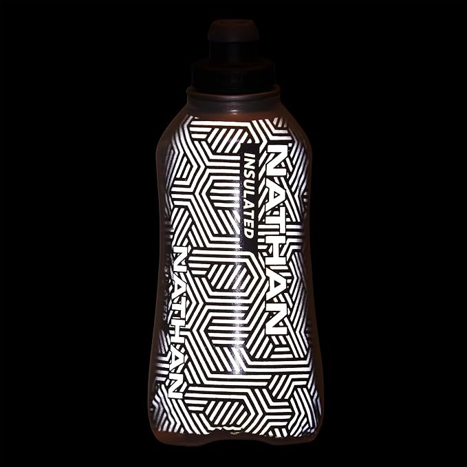 Nathan SpeedDraw 2 Insulated Handheld Running Water Bottle Flask – Double-Wall Insulation, Ergonomic Grip, Blast Valve Cap, Phone & Key Storage Pockets, Reflective Design - 18oz Insulated - Black