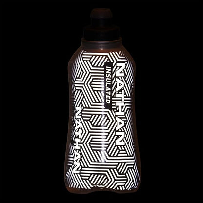 Nathan SpeedDraw 2 Insulated Handheld Running Water Bottle Flask – Double-Wall Insulation, Ergonomic Grip, Blast Valve Cap, Phone & Key Storage Pockets, Reflective Design - 18oz Insulated - Black