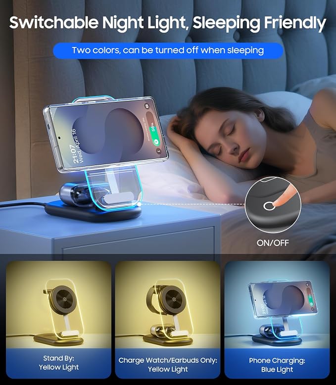 3 in 1 Magnetic Wireless Charging Station for Samsung, Foldable MagSafe Charger Stand with Switchable Night Light for Galaxy S26/S25/Z Fold/Z Flip, Watch Charger for Galaxy Watch Ultra/8/7/6, for Buds