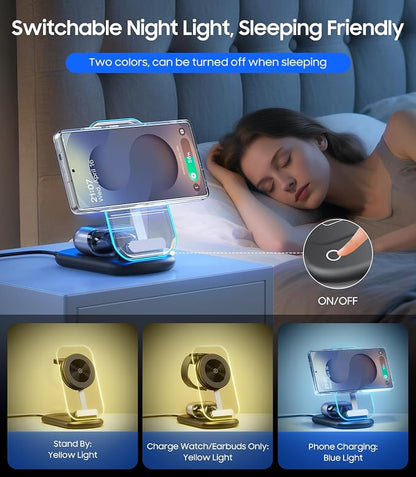 3 in 1 Magnetic Wireless Charging Station for Samsung, Foldable MagSafe Charger Stand with Switchable Night Light for Galaxy S26/S25/Z Fold/Z Flip, Watch Charger for Galaxy Watch Ultra/8/7/6, for Buds