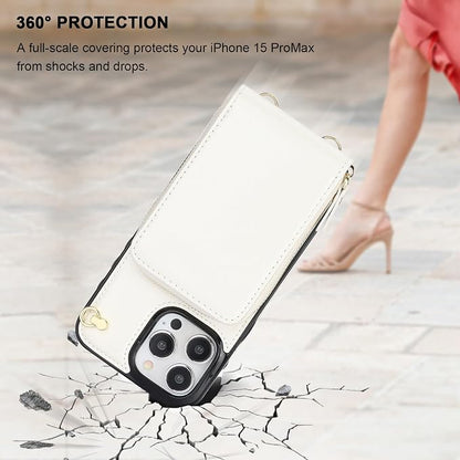 KIHUWEY Crossbody Wallet Case for iPhone 15 Pro Max, Zipper Pocket PU Leather RFID Blocking Protective Cover Case with Kickstand and Detachable Wrist Strap Lanyard 6.7" (White)